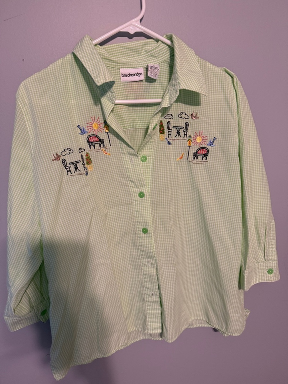 breckenridge Light Green Gingham Button-Up Shirt with Patio Embroidery